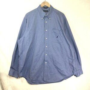 Nautica Mens Tall Size XL Blue 100% Cotton Buttoned Dress Shirt Barrel Cuff Logo